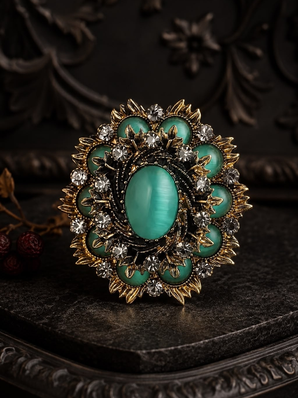 Vintage Green And Gold-Tone Turquoise Floral Brooch